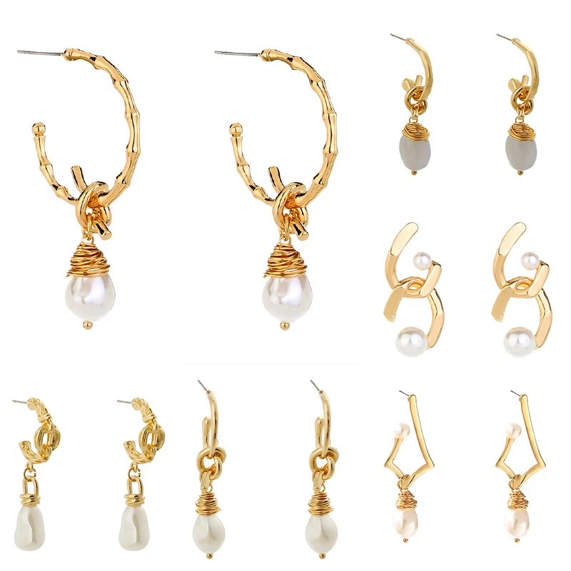 

Korean Fashion Pearl Dangle Earrings for Women Geometric Metal Twisted Geometric Baroque Bead Drop Earings сеѬги Jewelry